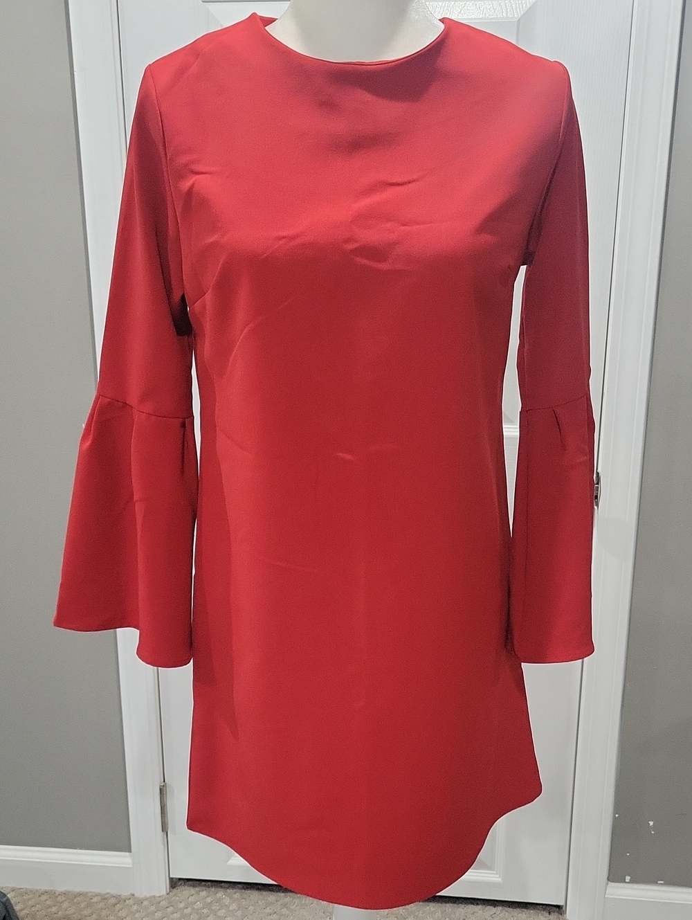 Red Long-Sleeve Bell Cuff Shift Dress
